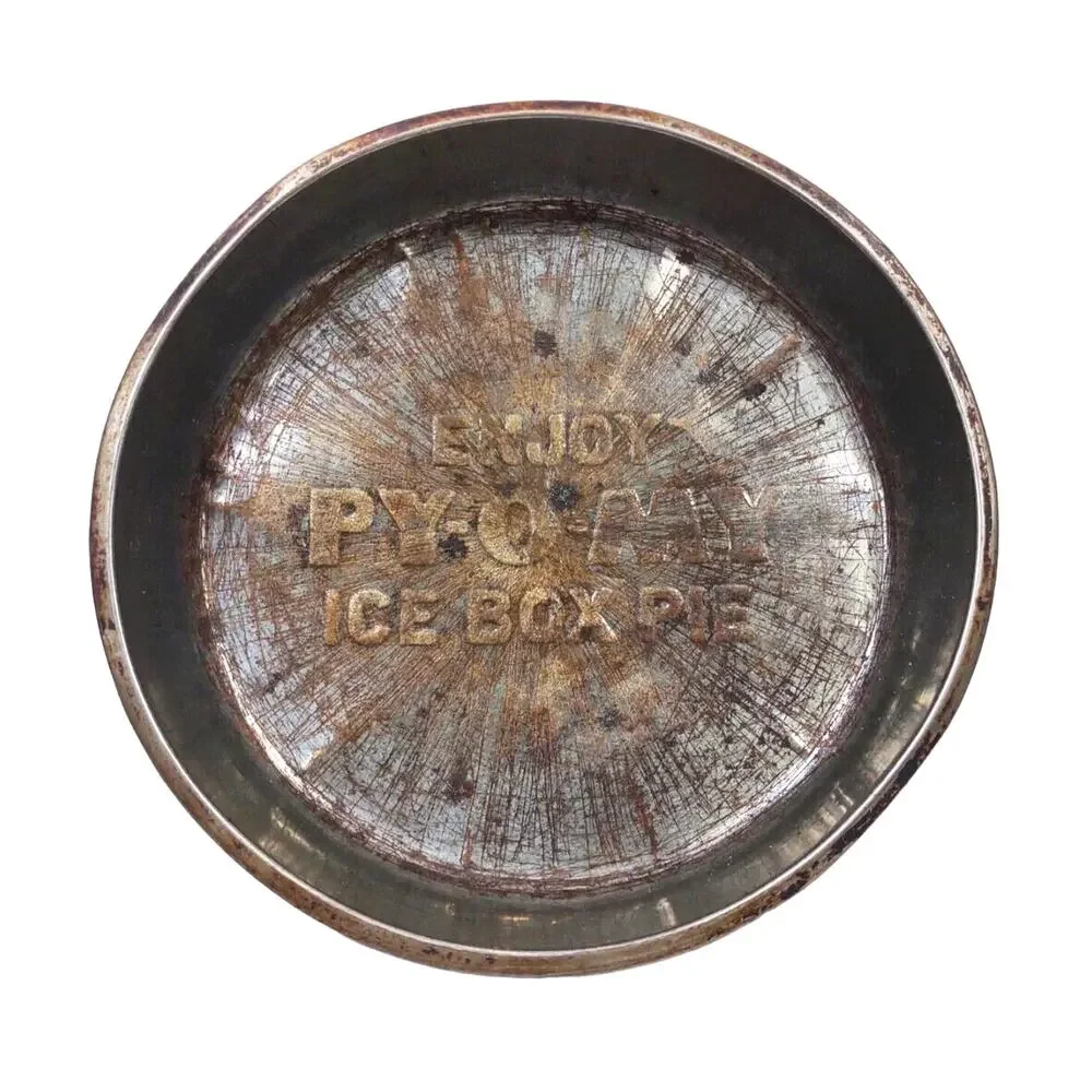 PY-O-MY Ice Box Pie Round Pie Pan Tin Rustic Bakeware Advertising Decor MCM